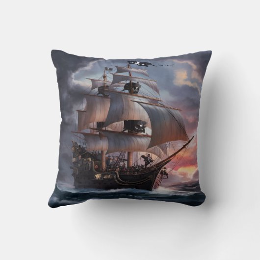 夕暮れ時に嵐の海を航行する海賊船 クッション (裏面)