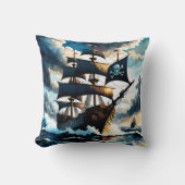 夕暮れ時に嵐の海を航行する海賊船 クッション (正面)