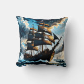 夕暮れ時に嵐の海を航行する海賊船 クッション (正面)