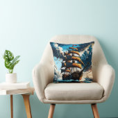 夕暮れ時に嵐の海を航行する海賊船 クッション (椅子)