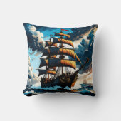 夕暮れ時に嵐の海を航行する海賊船 クッション (正面)