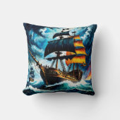 夕暮れ時に嵐の海を航行する海賊船 クッション (正面)
