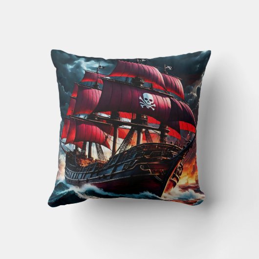 夕暮れ時に嵐の海を航行する海賊船 クッション (裏面)