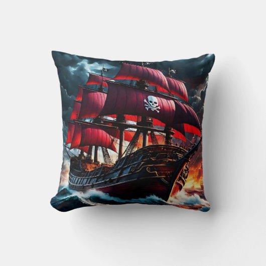 夕暮れ時に嵐の海を航行する海賊船 クッション (正面)
