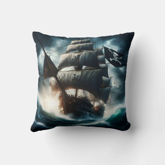 夕暮れ時に嵐の海を荒らす海賊船 クッション (裏面)