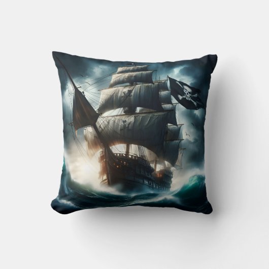 夕暮れ時に嵐の海を荒らす海賊船 クッション (正面)