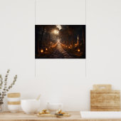 夕暮れ時に森を曲がりくねった石畳の道 ポスター (キッチン)