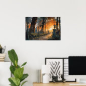 夕暮れ時に森を曲がりくねった道 ポスター (ホームオフィス)