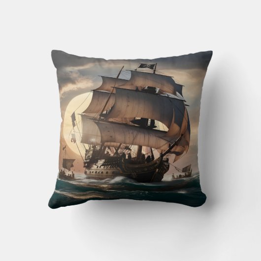 夕暮れ時に波で航行する転が海賊船 クッション (裏面)