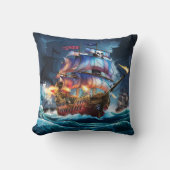 夕暮れ時に波と闘う海賊船 クッション (正面)