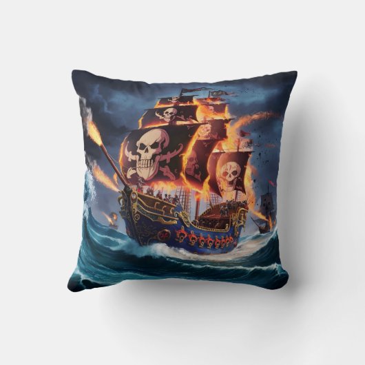 夕暮れ時に波と闘う炎の海賊船 クッション (裏面)