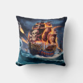 夕暮れ時に波と闘う炎の海賊船 クッション (正面)