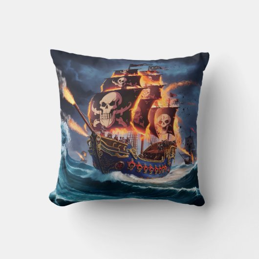 夕暮れ時に波と闘う炎の海賊船 クッション (正面)