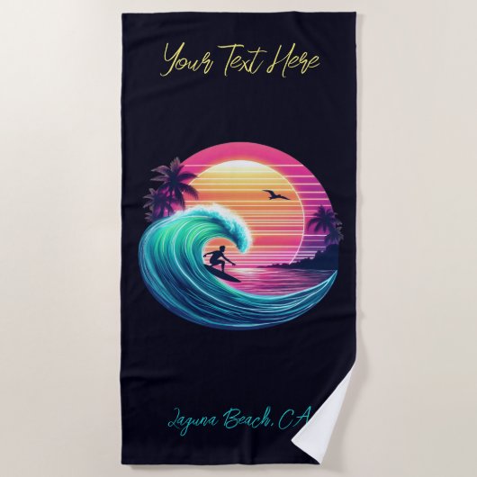 夕暮れ時に波に乗る ビーチタオル (正面)