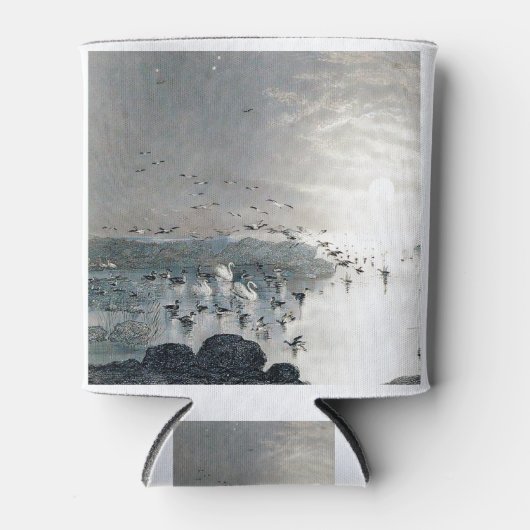 夕暮れ時に湖に浮かぶアヒルやマガードやスワン 缶クーラー (正面)