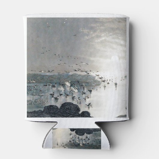 夕暮れ時に湖に浮かぶアヒルやマガードやスワン 缶クーラー (裏面)