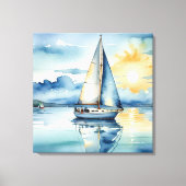 夕暮れ時に湖に浮かぶ水彩帆船 キャンバスプリント (正面)