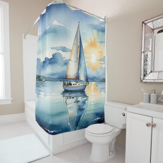 夕暮れ時に湖に浮かぶ水彩帆船 シャワーカーテン (インサイチュ)