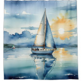 夕暮れ時に湖に浮かぶ水彩帆船 シャワーカーテン (正面)