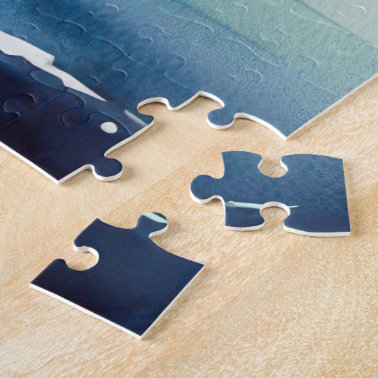 夕暮れ時に湖に浮かぶ水彩帆船 ジグソーパズル (側面)