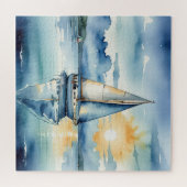 夕暮れ時に湖に浮かぶ水彩帆船 ジグソーパズル (横)