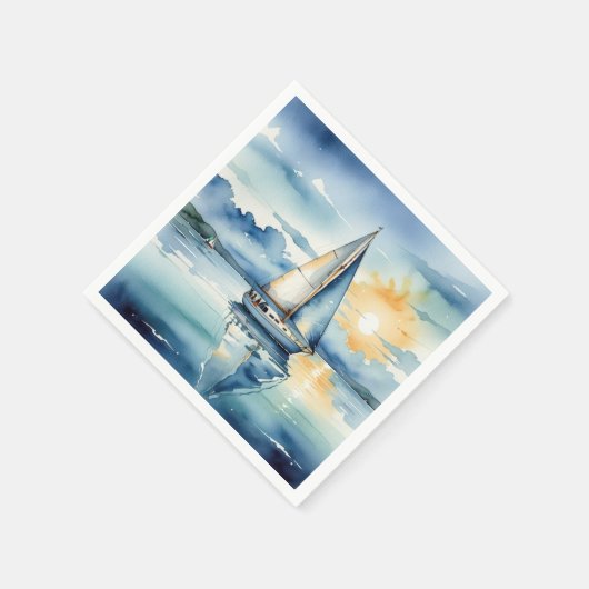 夕暮れ時に湖に浮かぶ水彩帆船 スタンダードカクテルナプキン (角)