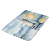 夕暮れ時に湖に浮かぶ水彩帆船 バスマット (アングル)