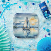 夕暮れ時に湖に浮かぶ水彩帆船 ペーパープレート (パーティー)