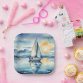 夕暮れ時に湖に浮かぶ水彩帆船 ペーパープレート (パーティー)