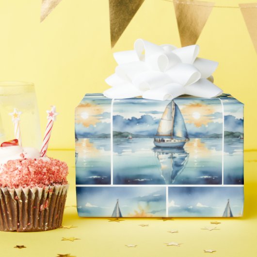 夕暮れ時に湖に浮かぶ水彩帆船 ラッピングペーパー (誕生日パーティー)
