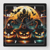 夕暮れ時に満月の下でハロウィーンのカボチャが輝く スクエア壁時計 (正面)