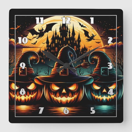 夕暮れ時に満月の下でハロウィーンのカボチャが輝く スクエア壁時計 (正面)