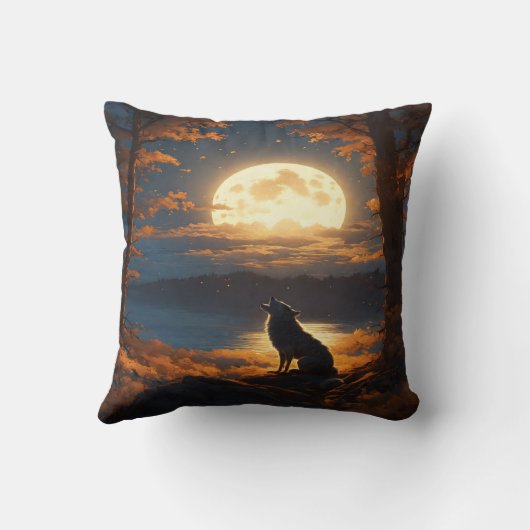 夕暮れ時に満月白熱［赤熱］光を放つの下で狼がハウリング クッション (裏面)