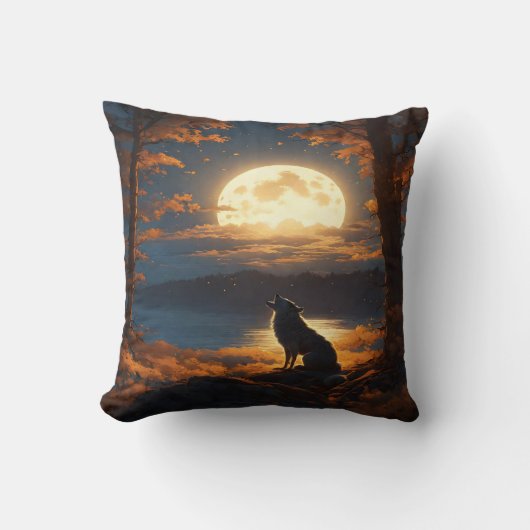 夕暮れ時に満月白熱［赤熱］光を放つの下で狼がハウリング クッション (正面)