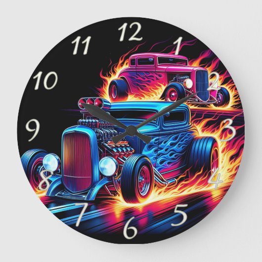 夕暮れ時に炎の風景を駆け抜ける熱棒 ラージ壁時計 (正面)