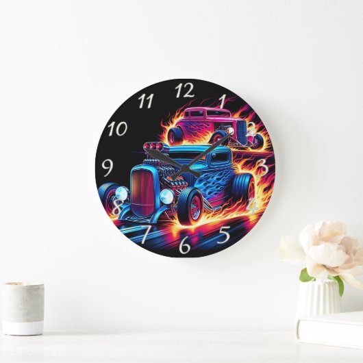 夕暮れ時に炎の風景を駆け抜ける熱棒 ラージ壁時計 (ホーム)