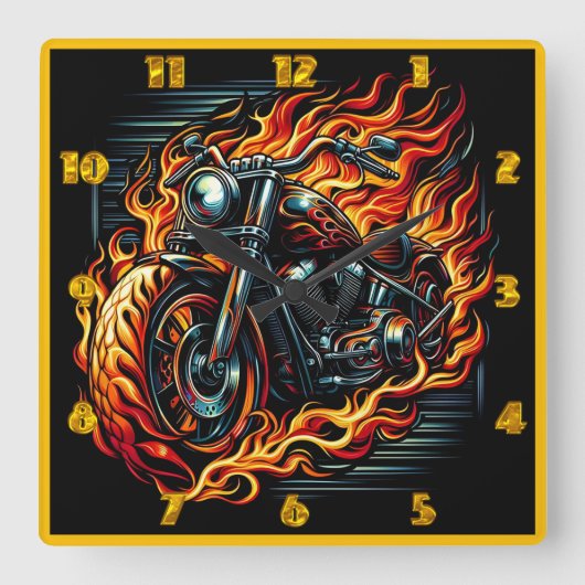 夕暮れ時に炎を上げるオートバイ スクエア壁時計 (正面)