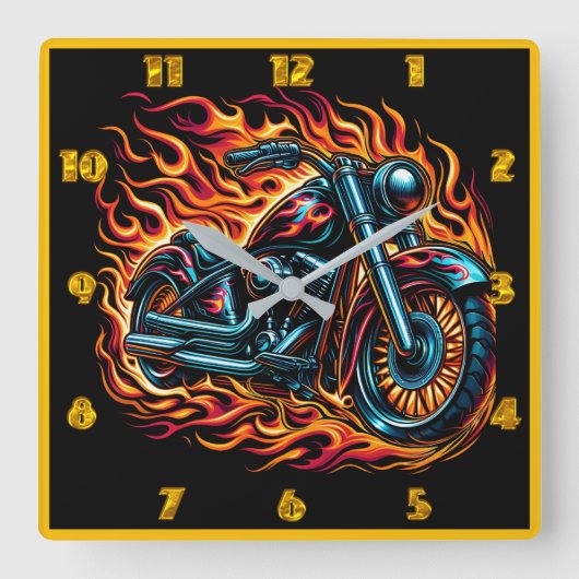 夕暮れ時に炎鮮やかの中で鳴るバイク スクエア壁時計 (正面)