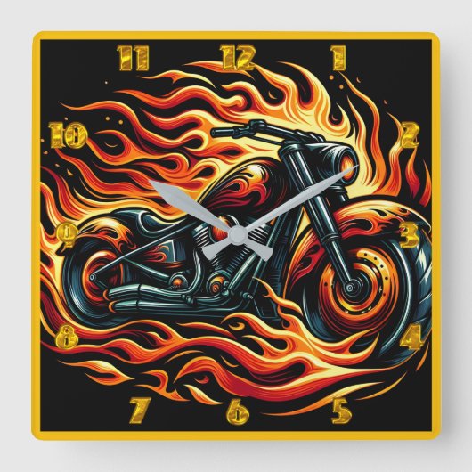 夕暮れ時に炎鮮やかを放つ炎のオートバイ スクエア壁時計 (正面)