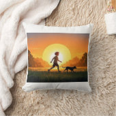 夕暮れ時に犬を連れた少年 クッション (ブランケット)