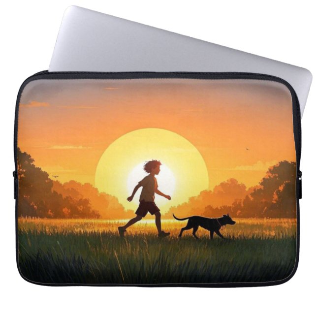 夕暮れ時に犬を連れた少年 ラップトップスリーブ (正面)