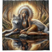 夕暮れ時に狼と先住民精神の調和 シャワーカーテン (正面)