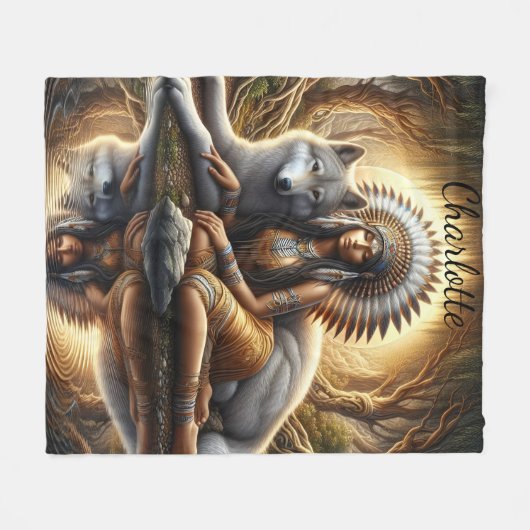 夕暮れ時に狼と先住民精神の調和 フリースブランケット (正面(横))