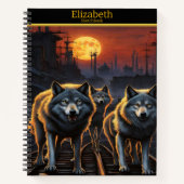 夕暮れ時に神秘的な狼白熱［赤熱］光を放つが月の下で吠える ノートブック (正面)