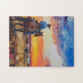 夕暮れ時に群れを点検する馬と乗り手 ジグソーパズル (横)