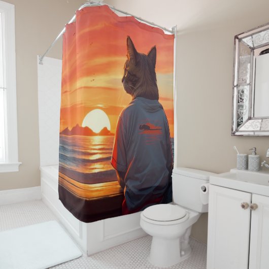 「夕暮れ時に考える猫：お洒落ビーチアート」 シャワーカーテン (インサイチュ)