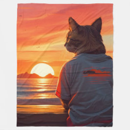 「夕暮れ時に考える猫：お洒落ビーチアート」 フリースブランケット
