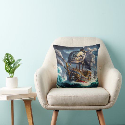 夕暮れ時に荒海と戦う劇的な海賊船 クッション (椅子)