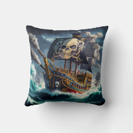 夕暮れ時に荒海と戦う劇的な海賊船 クッション (裏面)