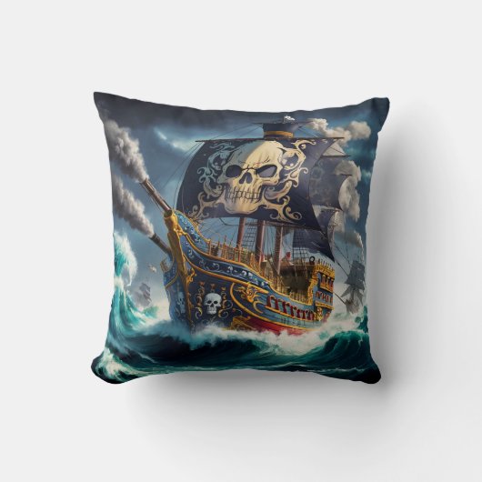 夕暮れ時に荒海と戦う劇的な海賊船 クッション (正面)